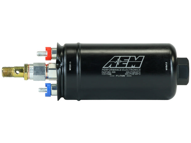 AEM 400LPH High Pressure Inline Fuel Pump - M18x1.5 Female Inlet to M12x1.5 Male Outlet - Boost Factory