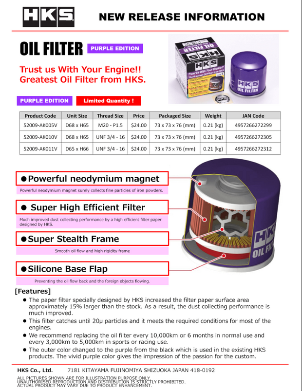HKS OIL FILTER TYPE 7 65MM-H66 UNF NISSAN RB PURPLE SPECIAL EDITION - 52009-AK011V