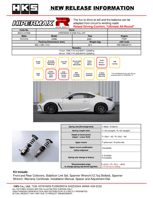 HKS Hipermax R ZN8 Full Kit - 80310-AT006
