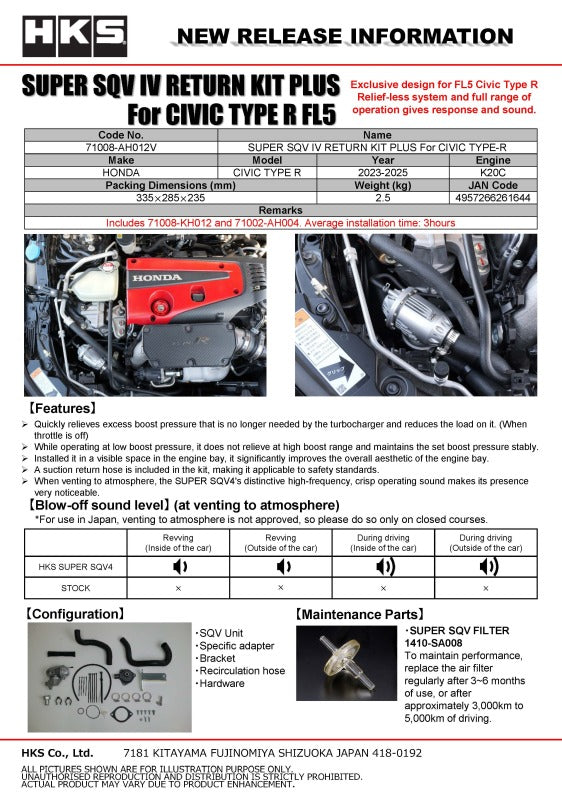 HKS SUPER SQV4 RETURN KIT PLUS FL5 - 71008-AH012V