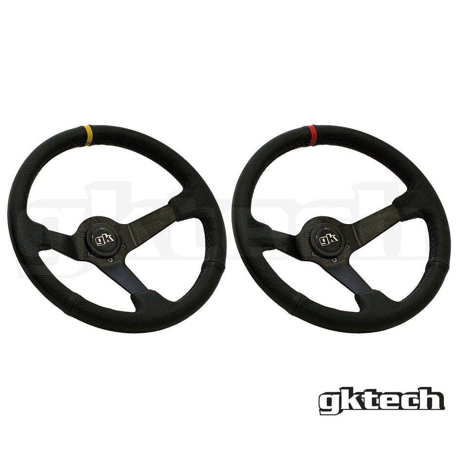 GKTech - Steering wheel 350mm Deep dished leather - Black Leather with Yellow Stripe - LTHR-YLLW