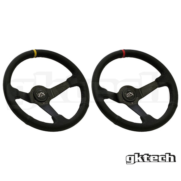 GKTech - Steering wheel 350mm Deep dished leather - Black Leather with Yellow Stripe - LTHR-YLLW