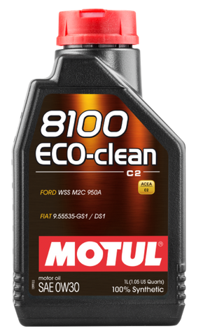 Motul 1L Synthetic Engine Oil 8100 Eco-Clean 0W30 12X1L - Acea C2/API SM/ST.JLR 03.5007 - 1L