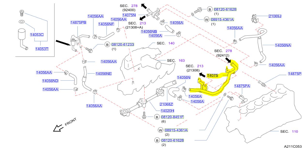Genuine Nissan R34 Skyline GTT RB25DET NEO R33 GTST Under Intake Water Hard Pipe 14053-21U10