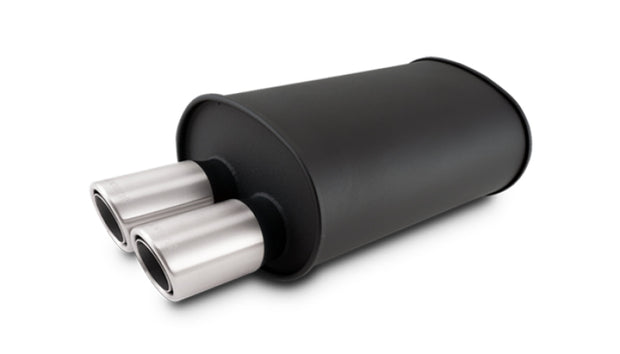 Vibrant STREETPOWER Blk Oval Muffler w/Dual Offset Tip 3in Inlet ID 3in Tip OD 9.5in x 6.75in x 15in - Boost Factory