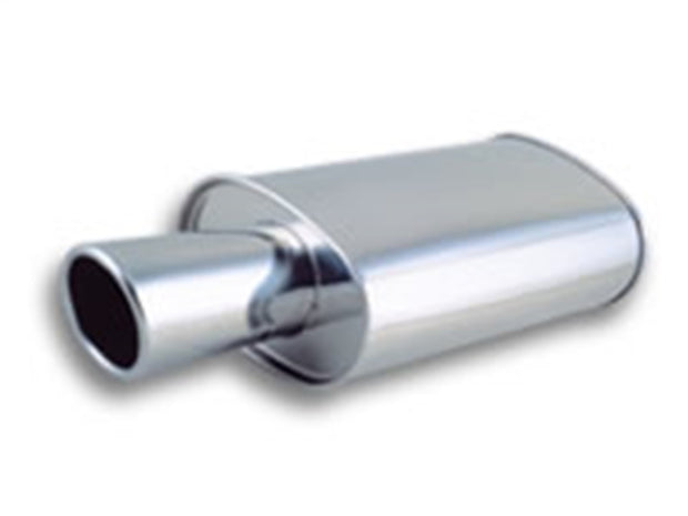 Vibrant StreetPower Turbo Oval Muffler with 4in Round Tip Angle Cut Rolled Edge - 3in inlet I.D. - Boost Factory