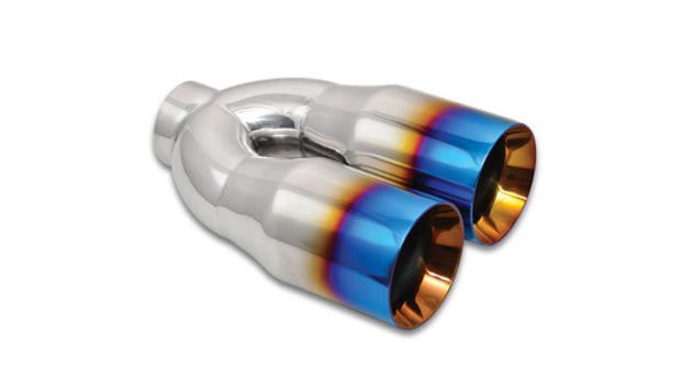 Vibrant 2.5in ID Dual 3.5in OD Round SS Tips (Double Wall, Straight Cut) with Burnt Blue Finish - Boost Factory